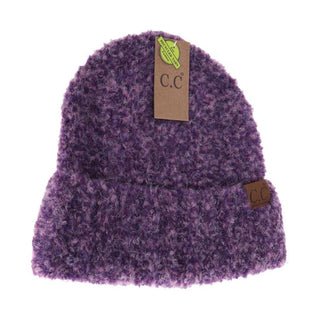Purple mixed tone boucle knit C.C beanie hat with cuffed brim