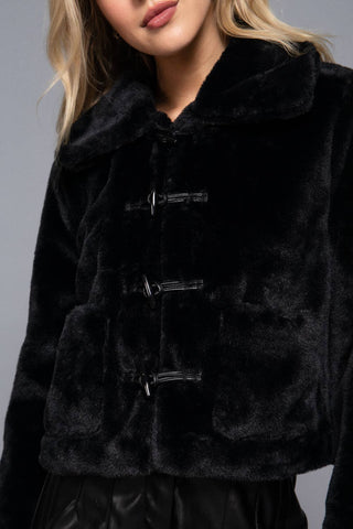 Black faux fur duffle jacket with toggle buttons and collar detail