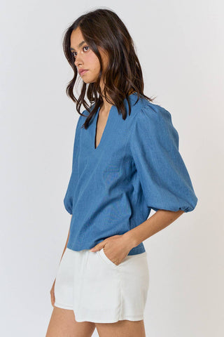 The Charlie Denim V Neck Puff Sleeve Top