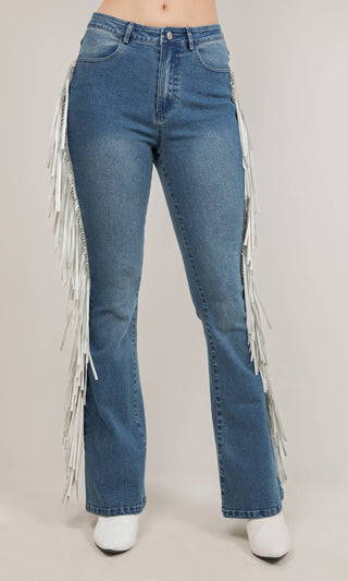 Medium wash bootcut jeans with white side fringe detail, high waist, five pockets