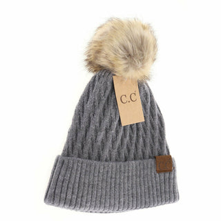 Gray honeycomb knit C.C beanie with faux fur pom and folded cuff