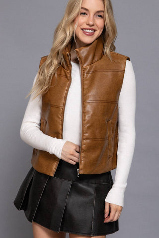 Tan wash effect faux leather zip-up puffer vest with mock neck