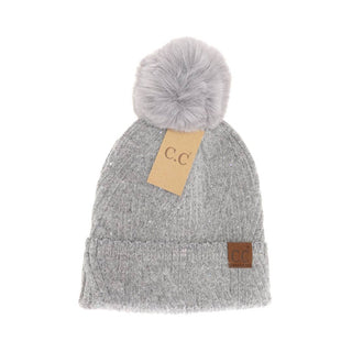 Gray sequin knit C.C beanie with fluffy faux fur pom pom and cuffed brim