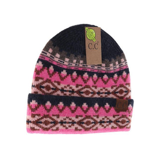 C.C Beanie knit hat with pink and navy Aztec pattern and folded cuff