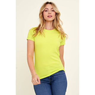 Women's lime green crew neck short sleeve fitted knit t-shirt with blue jeans
