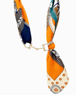 Orange silk scarf necklace with equestrian print and gold horse bit clasp