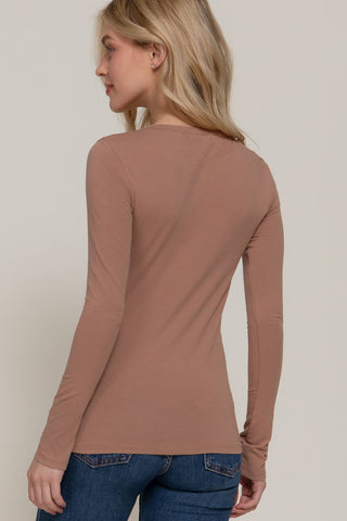 Women's fitted mocha long sleeve crew neck cotton jersey top, back view