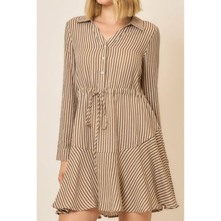 Long sleeve striped shirt dress with collar, button front, drawstring waist, and tiered ruffle skirt