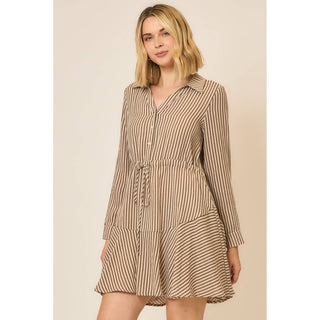 Model wearing a long-sleeve striped button-front shirt dress with tiered skirt and drawstring waist