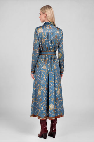 Back view of a midi dress with chain print, collared neck, long sleeves, and belt
