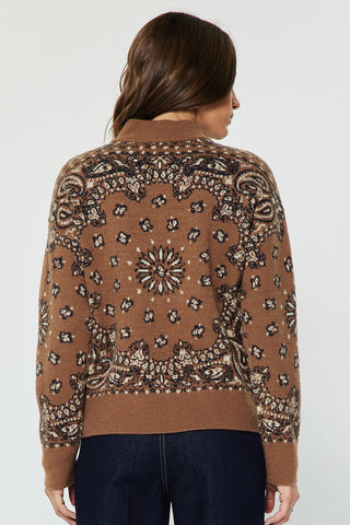Back view of a paisley bandana jacquard half-zip pullover sweater with long sleeves