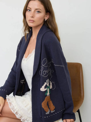 Navy blue knit cardigan with cowboy jacquard graphic and shawl collar