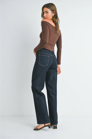 Dark indigo relaxed wide leg jeans with contrast stitching and back pockets