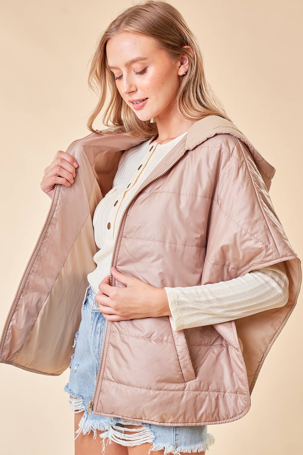 The Miley Zip Up Puffer Cape with Hood