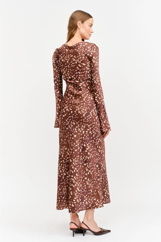 Brown deer print long sleeve midi dress with ruched back detail