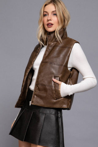 Brown wash effect faux leather zip-up puffer vest with front pockets