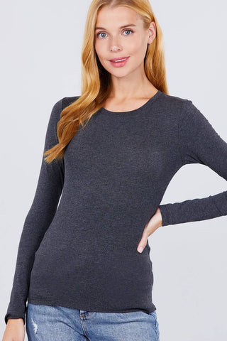 Charcoal gray long sleeve crew neck fitted cotton spandex jersey top