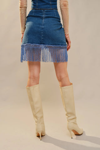 The Buckle Up Fringe Denim Mini Skirt