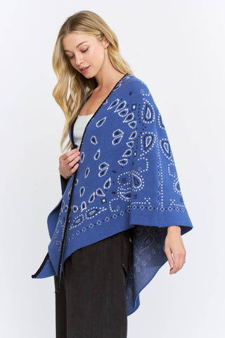 Blue bandana paisley print open-front knit kimono cardigan wrap