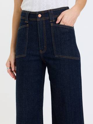Close-up detail of high-rise wide-leg ankle jeans with large patch pockets and contrast stitching