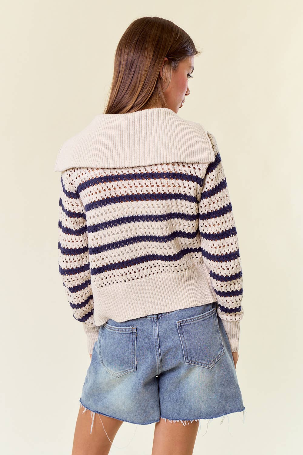 The Camille Zip-Up Striped Pointelle Open Knit Sweater Jacket
