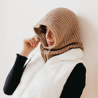 Pretty Simple Bailey Balaclava in tan chunky knit worn over head and neck