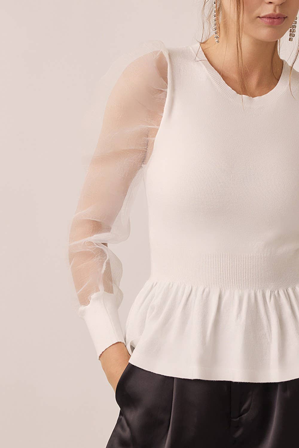 The Ellie Organza Puff Sleeved Peplum Sweater Blouse in Off White