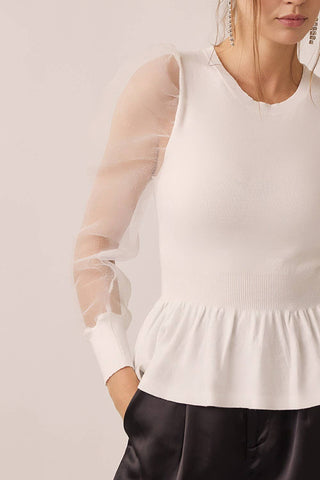 The Ellie Organza Puff Sleeve Peplum Blouse – Off White