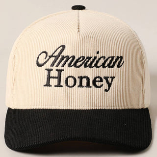 Cream and black two-tone corduroy baseball cap with American Honey embroidery