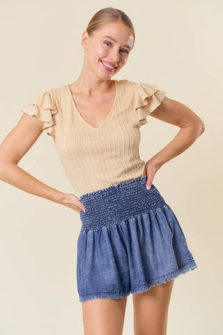 The Hannah Smocked Waist Tencel Denim Short