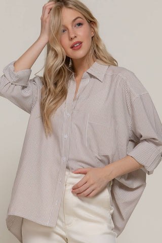 Oversized taupe white striped button-down shirt with dolman sleeves and chest pocket