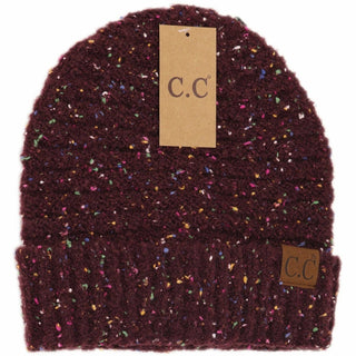 C.C burgundy confetti boucle knit cuff beanie with multicolor speckled pattern