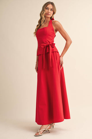 The Serena Square Neck Belted Halter Top & Flare Maxi Skirt