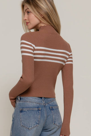 Brown ribbed long sleeve mock neck sweater top with white chest stripes