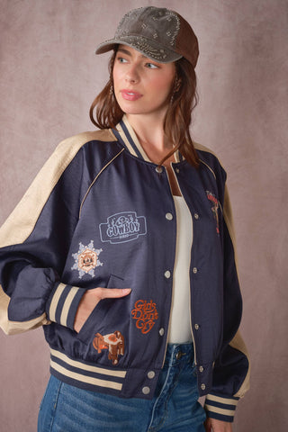 The Patsy Western Patch Satin Varsity Jacket in Navy