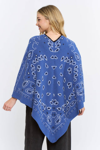 Blue bandana paisley print knit poncho kimono cardigan with V-neckline, back view