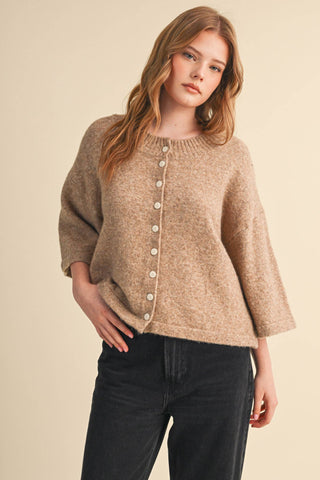 Taupe button-front knit cardigan with elbow-length sleeves and crew neckline