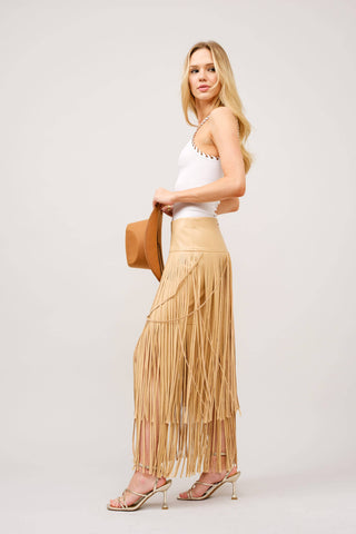 Blue B taupe fringe maxi skirt with long suede tassels, worn with white halter top