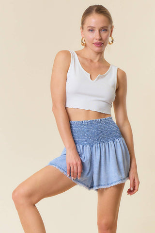 The Hannah Smocked Waist Tencel Denim Short