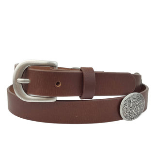 Axesoria West brown leather belt with silver buckle and engraved oval concho