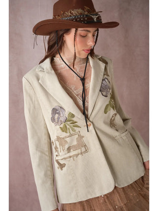 The Emme Western Floral Embroidered Denim Blazer