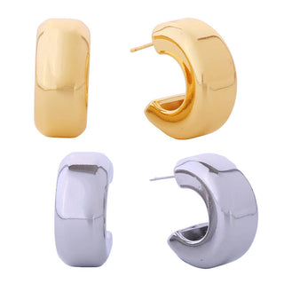 Chunky half hoop post earrings in gold and silver polished finish, two pairs