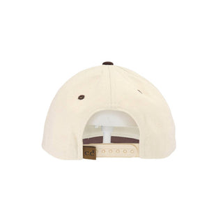 Back view of cream and brown snapback trucker hat with C.C label