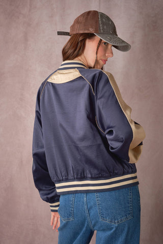 The Patsy Western Patch Satin Varsity Jacket in Navy