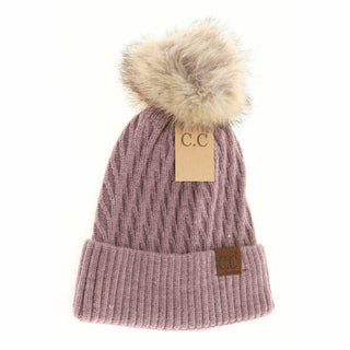C.C Beanie dusty mauve honeycomb knit beanie with faux fur pom pom and cuffed brim