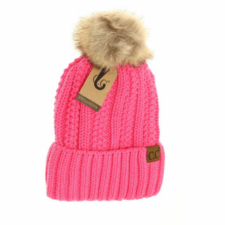 C.C Beanie hot pink ribbed knit beanie with faux fur pom pom on top