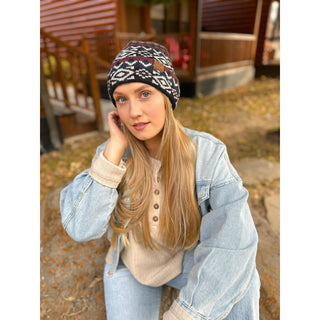 C.C Beanie dark navy Aztec pattern knit cuff beanie with burgundy and white design