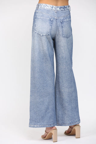 The Washed Denim Print Wide Leg French Terry Pants