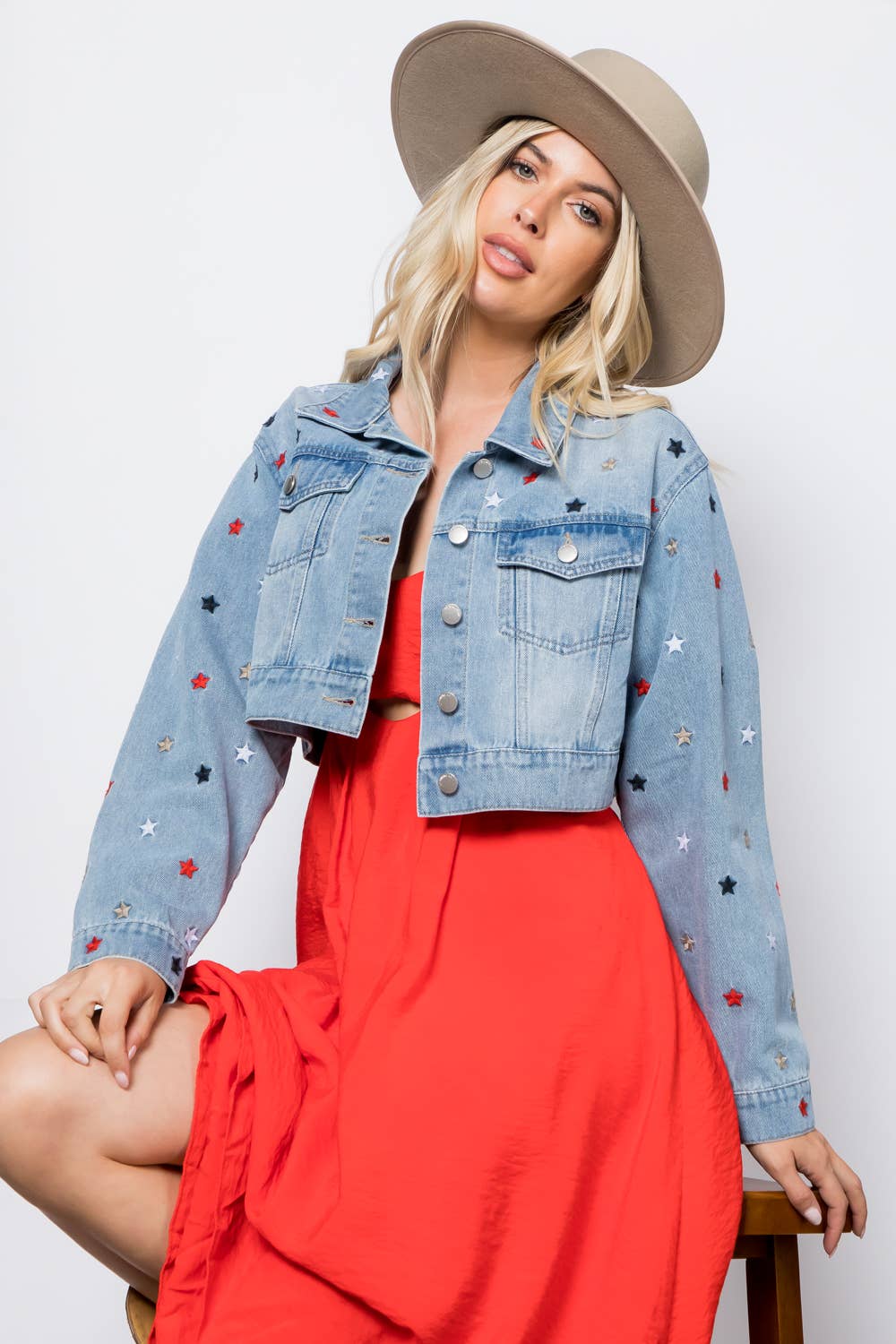 The Star Embroidered Crop Denim Jacket