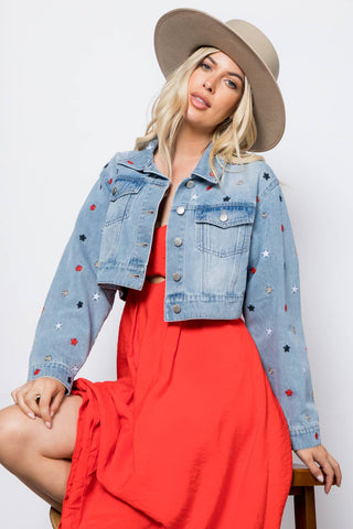 The Star Embroidered Crop Denim Jacket